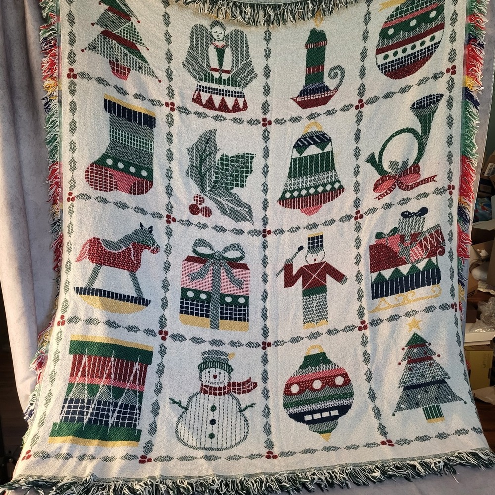 Vintage Tapestry Woven Throw Holly Stockings Snowman Blanket Christmas 47x57"